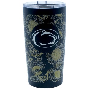 navy 20oz tumbler with Penn State Athletic Logo and sunflowers